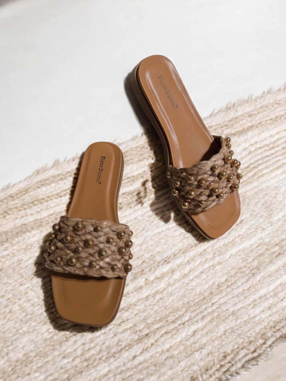 Pierre Dumas Tan Braided Slide Sandals with Gold Bead Accents